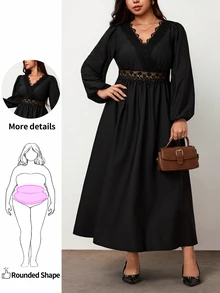Enliva Plus-Size Elegant Solid Color Lace-Trimmed Dress, Perfect For Autumn And Winter Apple,Rounded Body Fall Women Outfit Date Night Elegant Party Dress - Black - View 3