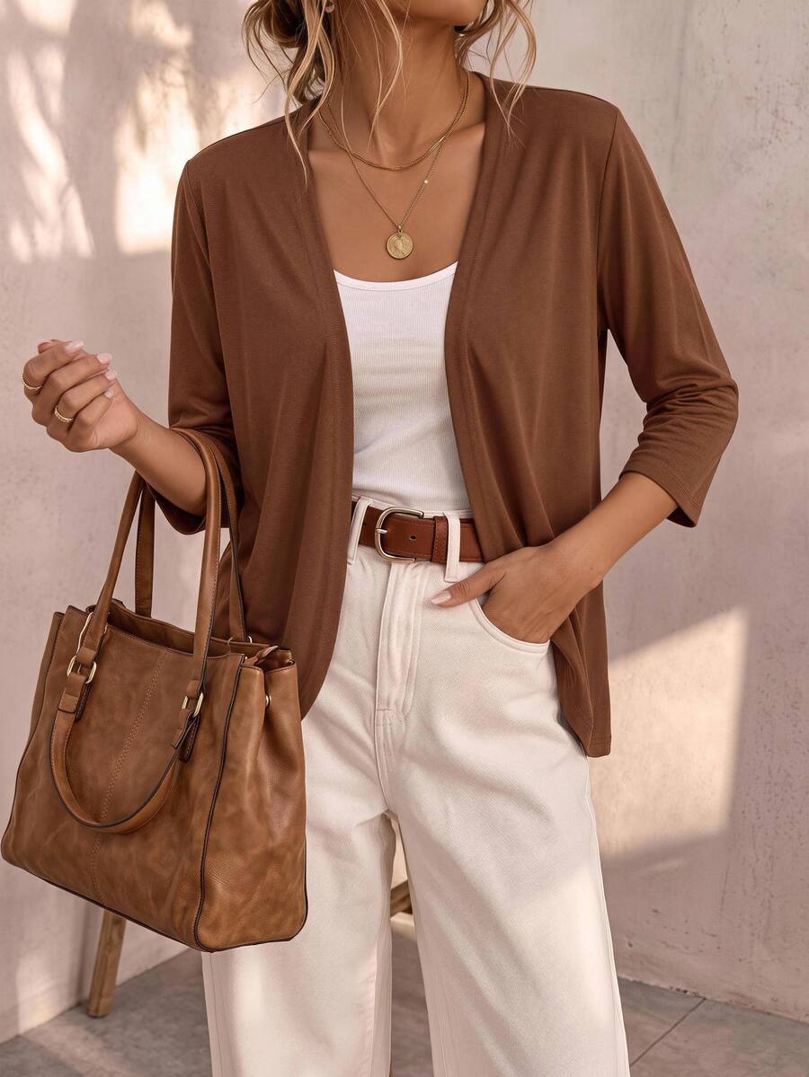 EMERY ROSE Women's Solid Color Casual Lightweight Cardigan In Autumn Everyday Travel Shades Of Brown Travel Everyday Travel Everyday - Brown - View 1