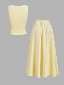 SHEIN MOD Setelan 2 Potong Wanita: Atasan Tank Top Berkerut Silang dan Rok Midi Pinggang Elastis - Kuning muda - View 6