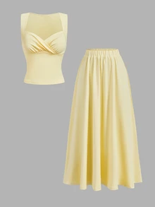 SHEIN MOD Setelan 2 Potong Wanita: Atasan Tank Top Berkerut Silang dan Rok Midi Pinggang Elastis - Kuning muda - View 5