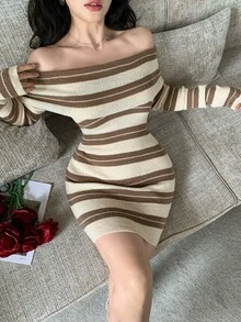DAZY Autumn/Winter Beige Brown Striped Off-Shoulder Fitted Knit Bodycon Elegant Banquet Short Commuter Women's Sweater Dress - Khaki - View 6
