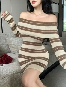 DAZY Autumn/Winter Beige Brown Striped Off-Shoulder Fitted Knit Bodycon Elegant Banquet Short Commuter Women's Sweater Dress - Khaki - View 8