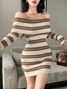 DAZY Autumn/Winter Beige Brown Striped Off-Shoulder Fitted Knit Bodycon Elegant Banquet Short Commuter Women's Sweater Dress - Khaki - View 3