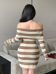 DAZY Autumn/Winter Beige Brown Striped Off-Shoulder Fitted Knit Bodycon Elegant Banquet Short Commuter Women's Sweater Dress - Khaki - View 4