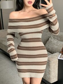 DAZY Autumn/Winter Beige Brown Striped Off-Shoulder Fitted Knit Bodycon Elegant Banquet Short Commuter Women's Sweater Dress - Khaki - View 7