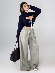 DAZY 秋冬韓系深藍色修身綁帶細肩帶短版運動衫休閒街頭風女款運動套裝 - 藏蓝色 - 查看 6