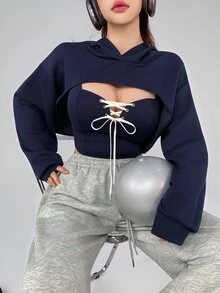 DAZY 秋冬韓系深藍色修身綁帶細肩帶短版運動衫休閒街頭風女款運動套裝 - 藏蓝色 - 查看 9