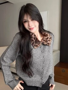 DAZY 女款秋冬豹紋毛領撞色拼接寬鬆休閒甜美優雅短版灰色針織開襟衫 - 灰色 - 查看 6
