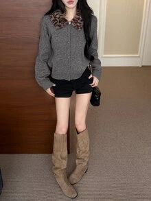 DAZY 女款秋冬豹紋毛領撞色拼接寬鬆休閒甜美優雅短版灰色針織開襟衫 - 灰色 - 查看 4