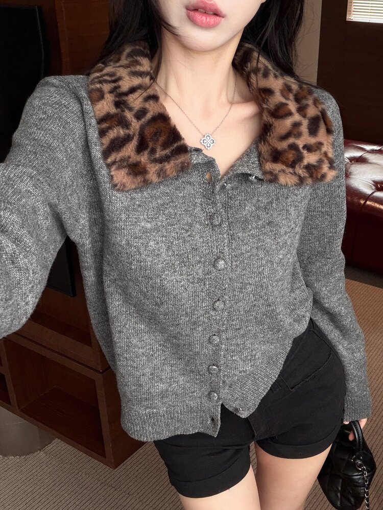 DAZY Women's Autumn/Winter Leopard Print Fur Collar Contrast Patchwork Loose Casual Sweet Elegant Short Grey Knit Cardigan - Grey - View 7