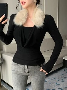 DAZY Women's Black Top With White Fur Collar Patchwork, One-Shoulder Cold Shoulder Slim Fit Elegant Party Banquet Date T-Shirt, Autumn/Winter - Black - View 13