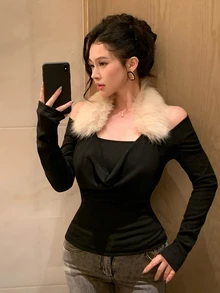 DAZY Women's Black Top With White Fur Collar Patchwork, One-Shoulder Cold Shoulder Slim Fit Elegant Party Banquet Date T-Shirt, Autumn/Winter - Black - View 2