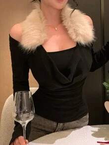 DAZY Women's Black Top With White Fur Collar Patchwork, One-Shoulder Cold Shoulder Slim Fit Elegant Party Banquet Date T-Shirt, Autumn/Winter - Black - View 4