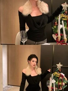 DAZY Women's Black Top With White Fur Collar Patchwork, One-Shoulder Cold Shoulder Slim Fit Elegant Party Banquet Date T-Shirt, Autumn/Winter - Black - View 11