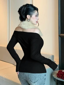DAZY Women's Black Top With White Fur Collar Patchwork, One-Shoulder Cold Shoulder Slim Fit Elegant Party Banquet Date T-Shirt, Autumn/Winter - Black - View 8