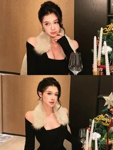 DAZY Women's Black Top With White Fur Collar Patchwork, One-Shoulder Cold Shoulder Slim Fit Elegant Party Banquet Date T-Shirt, Autumn/Winter - Black - View 10