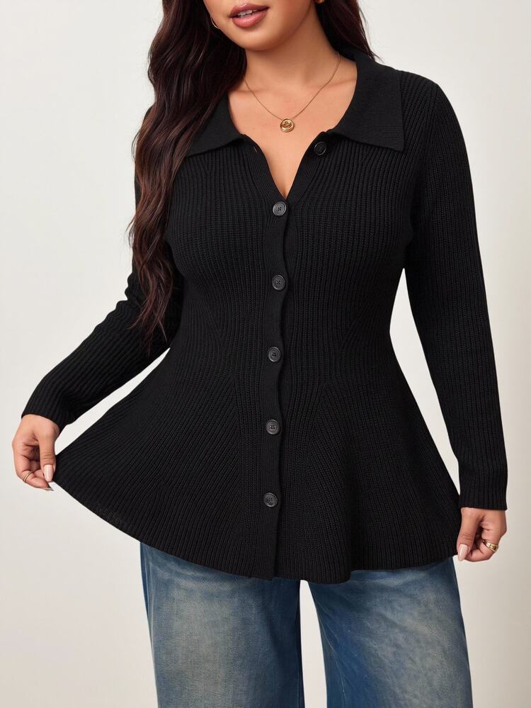 Enliva Plus-Size Women's Slim-Fit Knit Cardigan, Suitable For Autumn And Winter, And For Curvy Figures Basic Top Women Fall Winter Sweater - Black - View 4