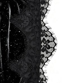 Cravure Plus Size Women's Shiny Velvet Pleated Mini Skirt, Vintage Elegant Lace Trim Slit A-Line Bodycon Skirt For Party, Date And Outing Fall - Black - View 7