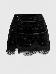 Cravure Plus Size Women's Shiny Velvet Pleated Mini Skirt, Vintage Elegant Lace Trim Slit A-Line Bodycon Skirt For Party, Date And Outing Fall - Black - View 4