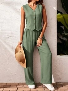 SHEIN Frenchy 2pcs/Set Women's Casual Single-Breasted Vest And Pants, Summer Green Christmas - Green - View 4