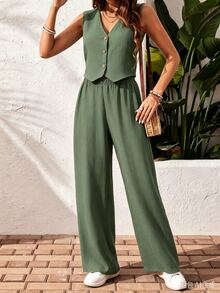 SHEIN Frenchy 2pcs/Set Women's Casual Single-Breasted Vest And Pants, Summer Green Christmas - Green - View 5