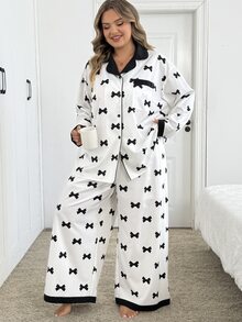 SHEIN CURVE+ Plus Size Women Long Sleeve Bow Print Single-Breasted Top And Pants Set Fall - Black and White - View 4