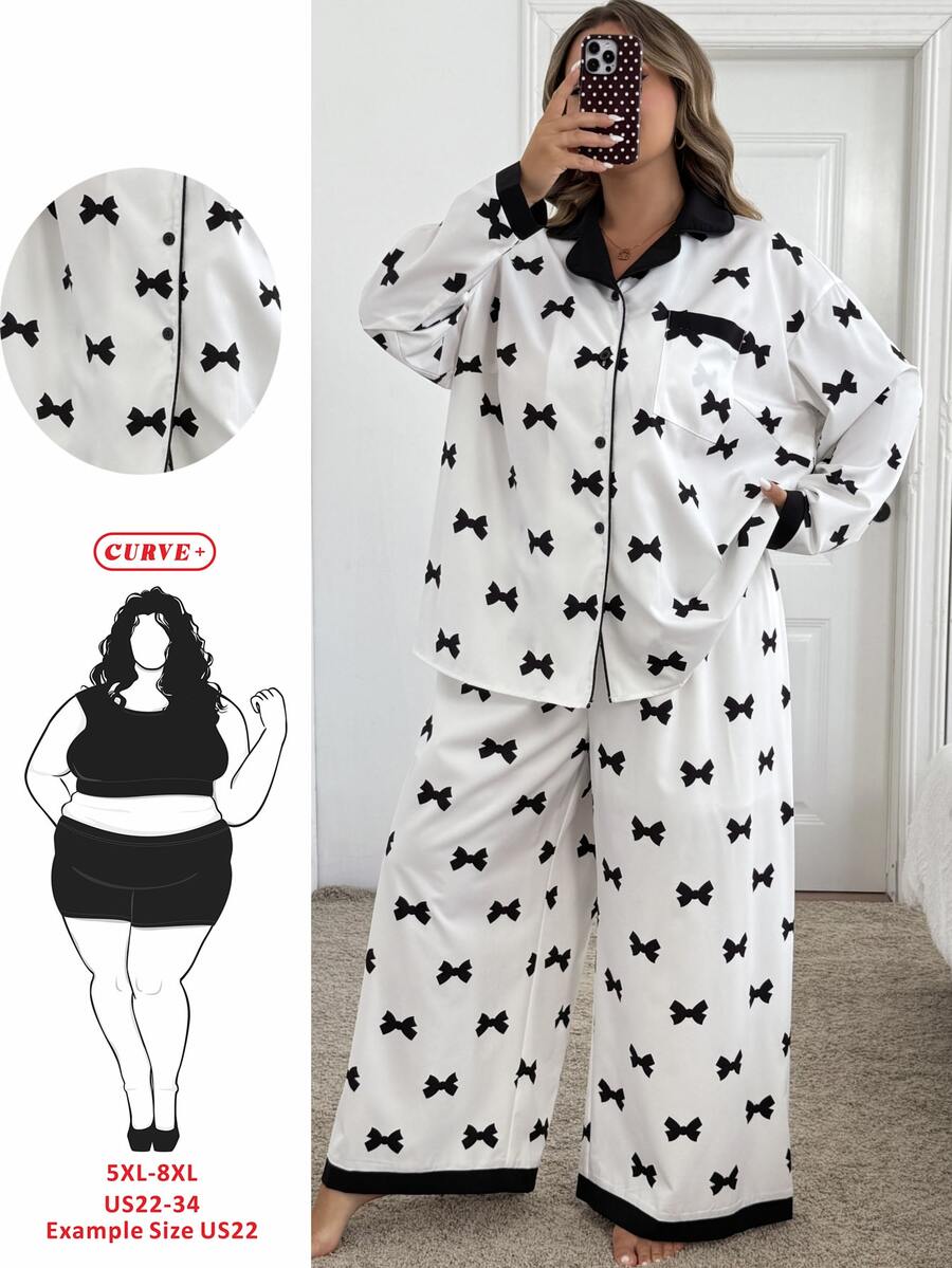 SHEIN CURVE+ Plus Size Women Long Sleeve Bow Print Single-Breasted Top And Pants Set Fall - Black and White - View 1