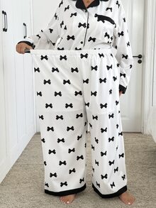 SHEIN CURVE+ Plus Size Women Long Sleeve Bow Print Single-Breasted Top And Pants Set Fall - Black and White - View 3