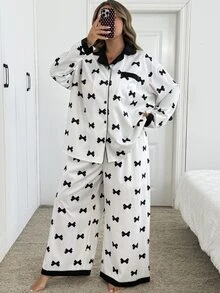 SHEIN CURVE+ Plus Size Women Long Sleeve Bow Print Single-Breasted Top And Pants Set Fall - Black and White - View 7