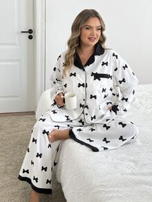 SHEIN CURVE+ Plus Size Women Long Sleeve Bow Print Single-Breasted Top And Pants Set Fall - Black and White - View 5