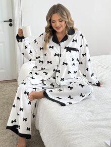SHEIN CURVE+ Plus Size Women Long Sleeve Bow Print Single-Breasted Top And Pants Set Fall - Black and White - View 6