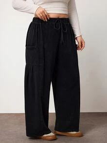 Enliva Plus-Size Loose-Fitting Drawstring Casual Trousers (Autumn Style)Apple,Rounded Body - Grey - View 4