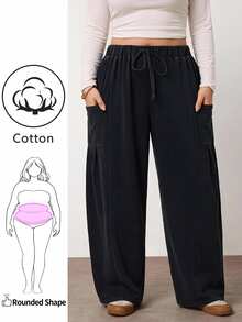 Enliva Plus-Size Loose-Fitting Drawstring Casual Trousers (Autumn Style)Apple,Rounded Body - Grey - View 3