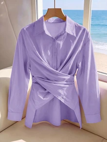 Aveloria Modichic 純色交叉纏繞前襟襯衫工作服 - 紫色 - 查看 3