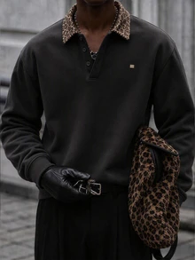Mainfolk Men's Spring/Autumn Casual Streetwear Standard Size Grey Leopard Print Pullover Sweatshirt With Turn-Down Collar And Embroidery Vacation Beach - Black - View 1