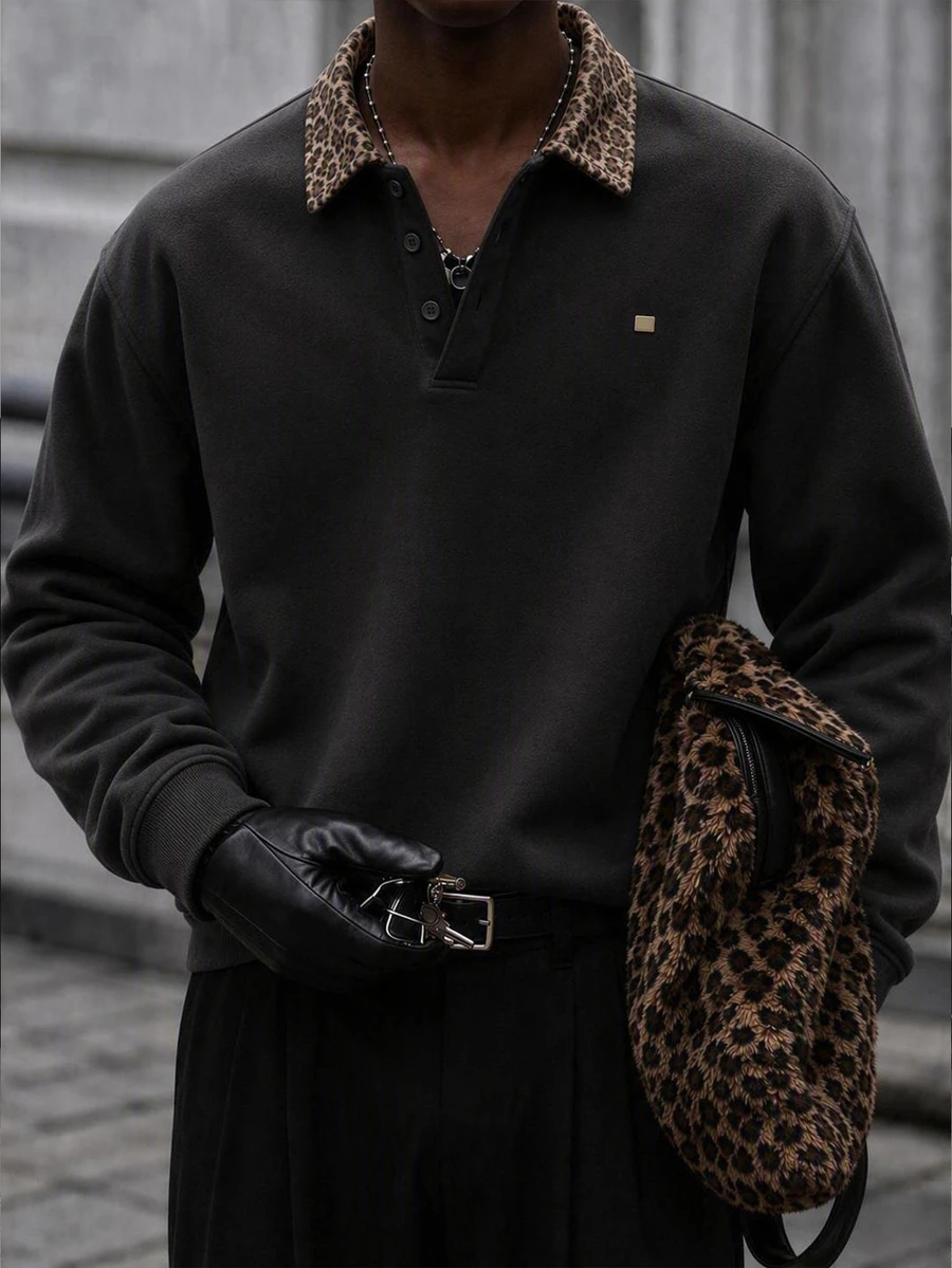 Mainfolk Men's Spring/Autumn Casual Streetwear Standard Size Grey Leopard Print Pullover Sweatshirt With Turn-Down Collar And Embroidery Vacation Beach - Black - View 1