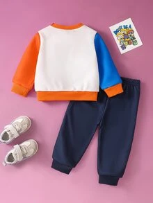 Nick 90s | SHEIN 1套 嬰兒男童 Nick 90年代主題圓領拼色抓絨運動衫 + 深藍色恐龍數位印花長褲，秋季室內/戶外穿搭 - 彩色 - 查看 2
