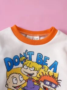 Nick 90s | SHEIN 1套 嬰兒男童 Nick 90年代主題圓領拼色抓絨運動衫 + 深藍色恐龍數位印花長褲，秋季室內/戶外穿搭 - 彩色 - 查看 7