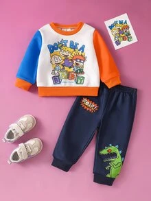 Nick 90s | SHEIN 1套 嬰兒男童 Nick 90年代主題圓領拼色抓絨運動衫 + 深藍色恐龍數位印花長褲，秋季室內/戶外穿搭 - 彩色 - 查看 4