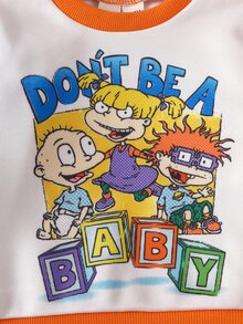 Nick 90s | SHEIN 1套 嬰兒男童 Nick 90年代主題圓領拼色抓絨運動衫 + 深藍色恐龍數位印花長褲，秋季室內/戶外穿搭 - 彩色 - 查看 6
