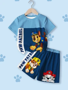 SHEIN | PAW Patrol 小男孩卡通印花圓領短袖T恤與短褲套裝 - 白色 - 查看 1