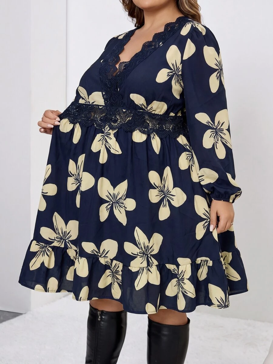 SHEIN CURVE+ Plus Size Women's V-Neck Lace Trim Floral Print Casual Daily Summer Dress - Multicolor - View 1