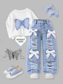 SHEIN Young Girls Loose Straight Leg Jeans With Ripped Holes, Blue Streetwear Cowgirl Style, Adorable Bow Decor, Multiple 3D Pockets, Summer Autumn Winter - Light Wash - View 2