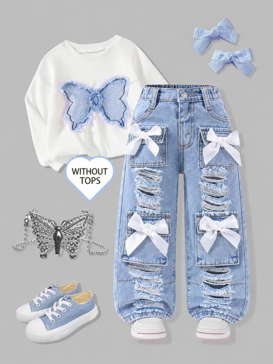 SHEIN Young Girls Loose Straight Leg Jeans With Ripped Holes, Blue Streetwear Cowgirl Style, Adorable Bow Decor, Multiple 3D Pockets, Summer Autumn Winter