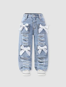 SHEIN Young Girls Loose Straight Leg Jeans With Ripped Holes, Blue Streetwear Cowgirl Style, Adorable Bow Decor, Multiple 3D Pockets, Summer Autumn Winter - Light Wash - View 5