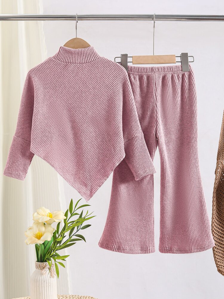 Souflis Souflis Young Girls Autumn/Winter Casual T-Shirt Set White 3D Bow Front Asymmetrical High Neck Knitted Ribbed Pink Long Sleeve Top Flared Pants - Pink - View 2