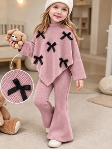 Souflis Souflis Young Girls Autumn/Winter Casual T-Shirt Set White 3D Bow Front Asymmetrical High Neck Knitted Ribbed Pink Long Sleeve Top Flared Pants - Pink - View 4