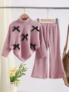 Souflis Souflis Young Girls Autumn/Winter Casual T-Shirt Set White 3D Bow Front Asymmetrical High Neck Knitted Ribbed Pink Long Sleeve Top Flared Pants - Pink - View 3