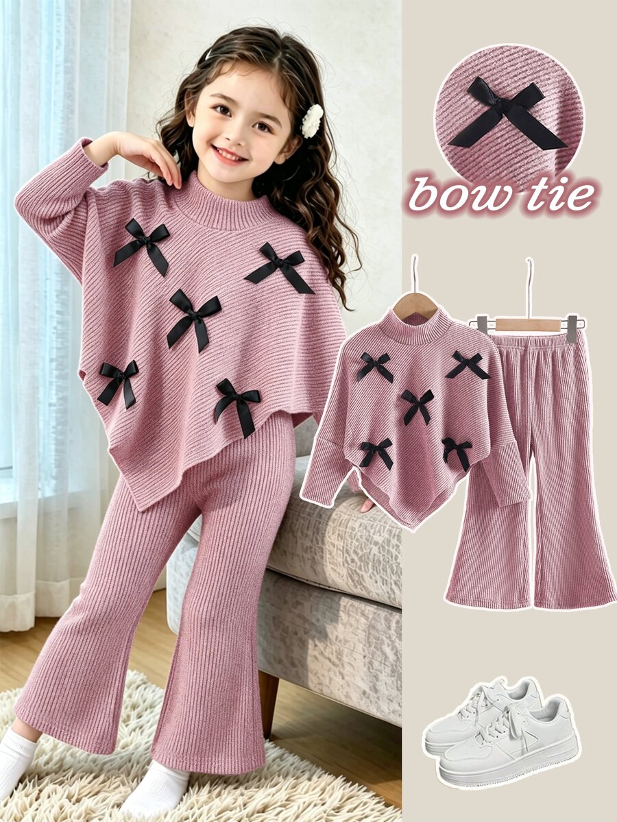 Souflis Souflis Young Girls Autumn/Winter Casual T-Shirt Set White 3D Bow Front Asymmetrical High Neck Knitted Ribbed Pink Long Sleeve Top Flared Pants - Pink - View 1