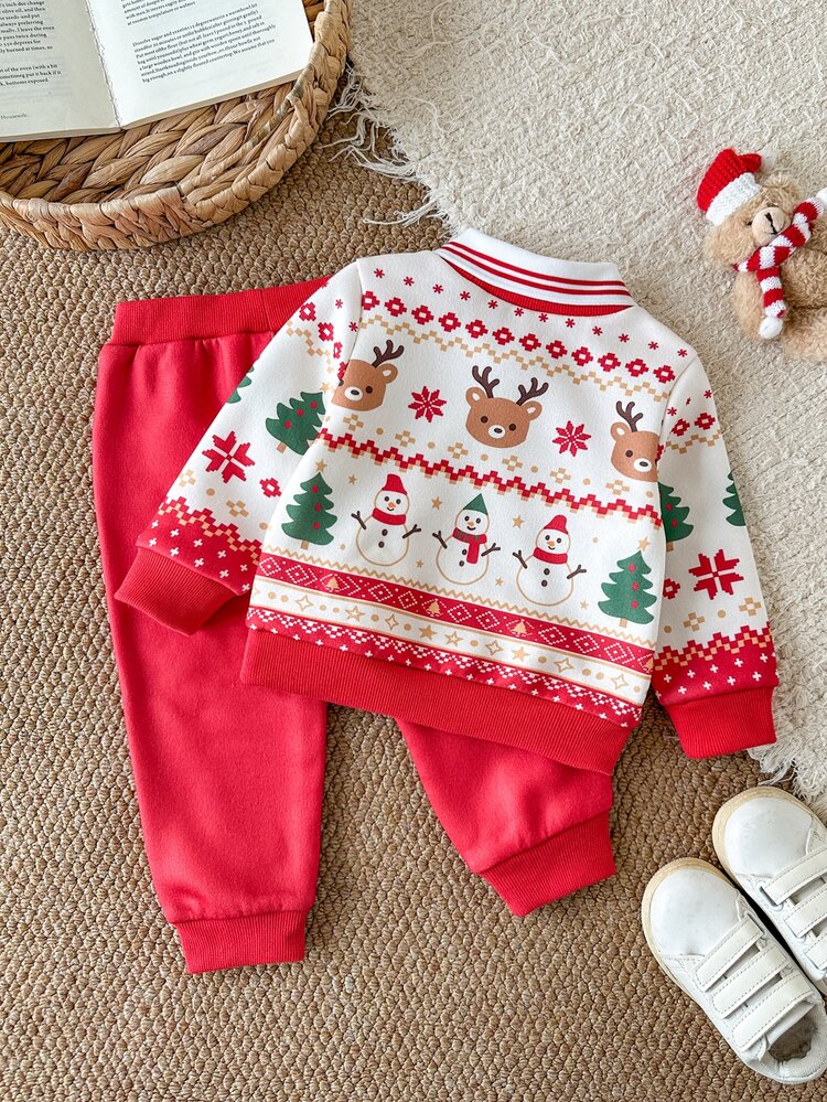 SHEIN 2pcs Baby Boy Polo Top Pants Sweet Red White Reindeer Snowman Tree Print Long Sleeve Lapel Collar Plush Party Winter Holiday Fall Fair Isle - Red - View 2